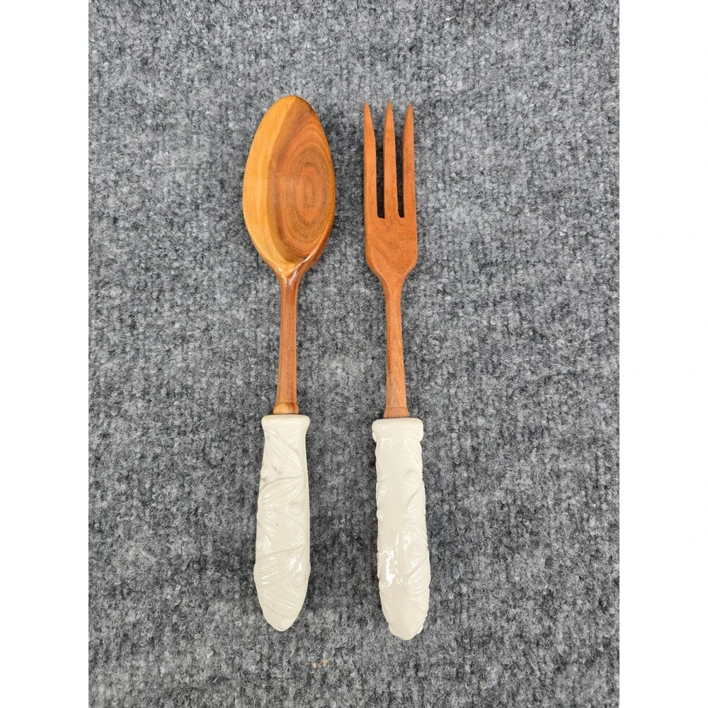 Vtg Salad Servers Set Tan Wood w/ White Ceramic Leaf Handles 70s Cottagecore